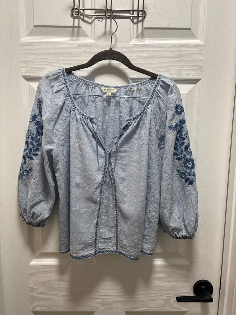 Max Studio Light Blue Embroidered Peasant Top